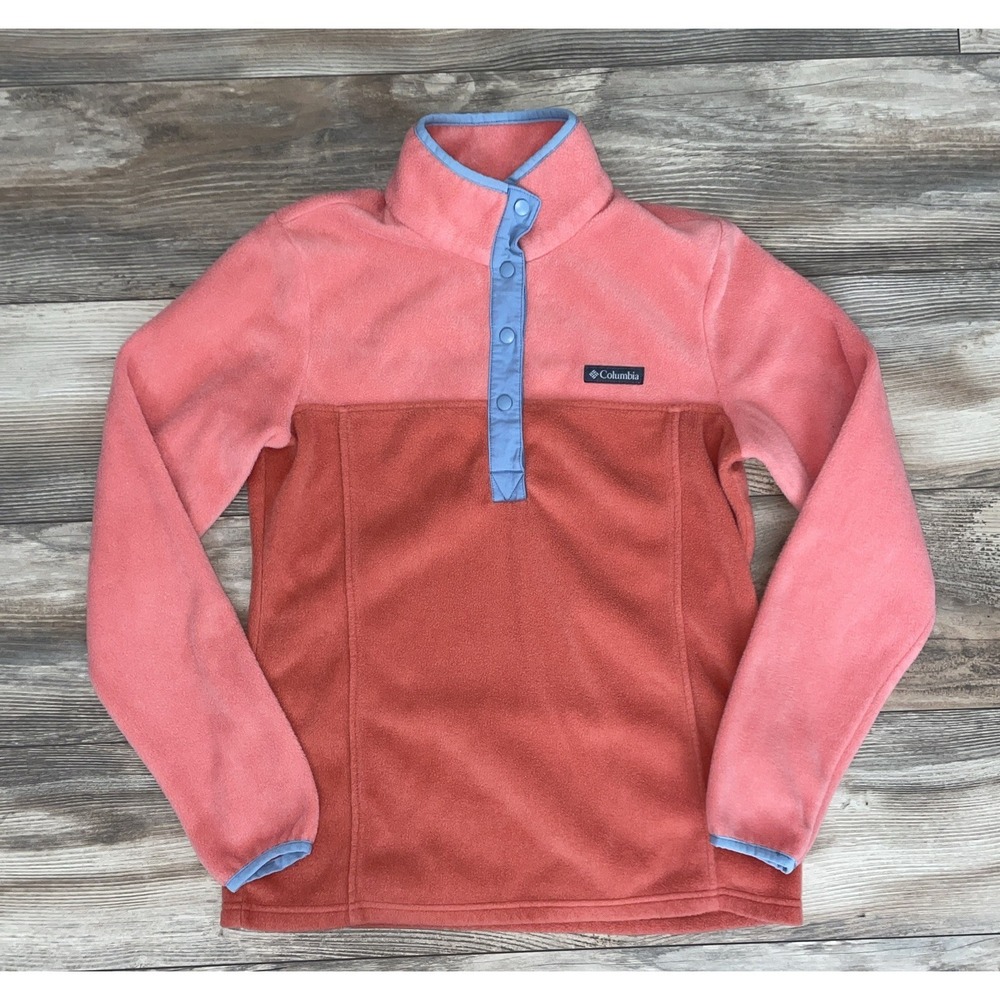 Columbia Pink Blue Fleece Mock Neck Snap Placket Pullover‎ Sweater Women's S